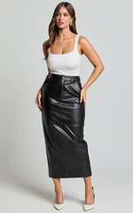Victoria Midi Skirt - Mid Waisted Back Split Faux Leather Skirt in Black