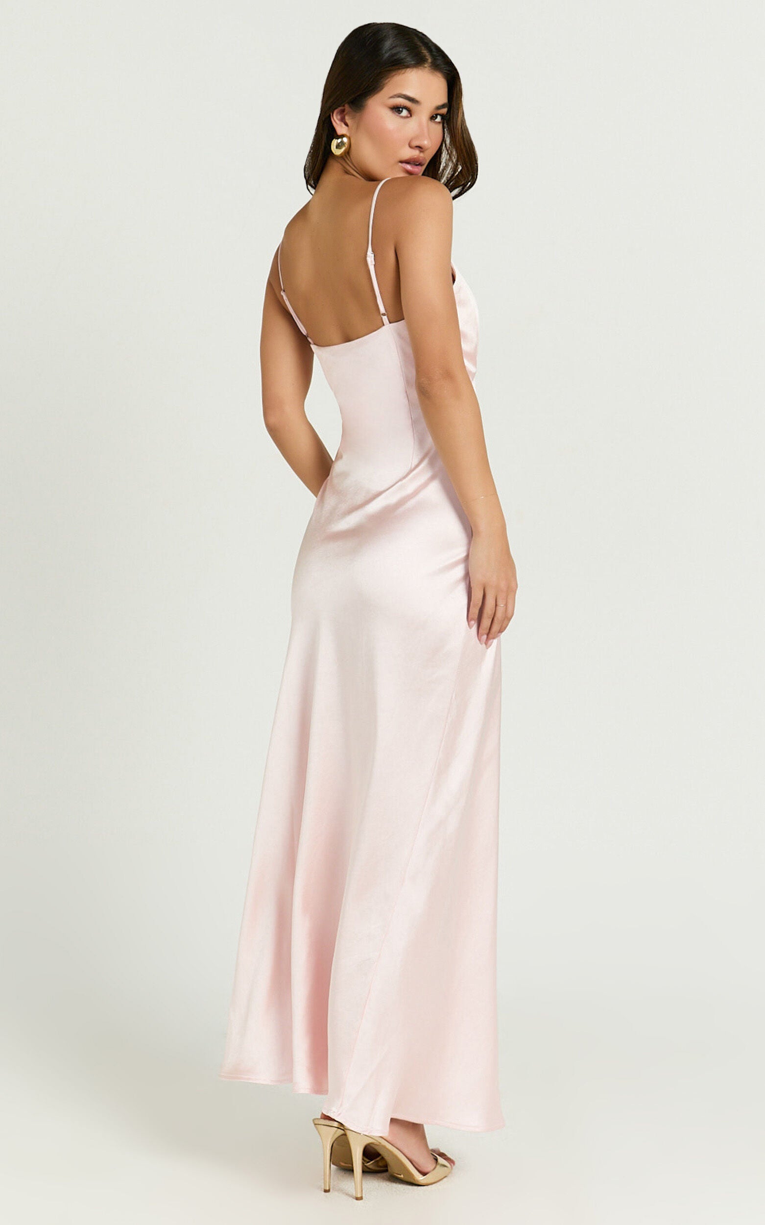 Lorenzia Maxi Dress - Plunge Corset Underbust Detail Satin Dress in Light Pink