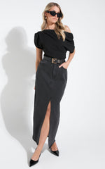 Kira Midi Skirt - Front Split Denim Skirt in Washed Black