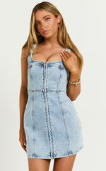Chrysoula Mini Dress - Square Neck Zip Front Sleeveless Bodycon Denim in Light Blue Wash
