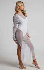 Karmen Midi Dress - Long Sleeve Split Diamante Mesh Dress in White