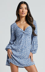 Ellison Mini Dress - 3/4 Sleeve Twist Bodice Dress in Blue Floral