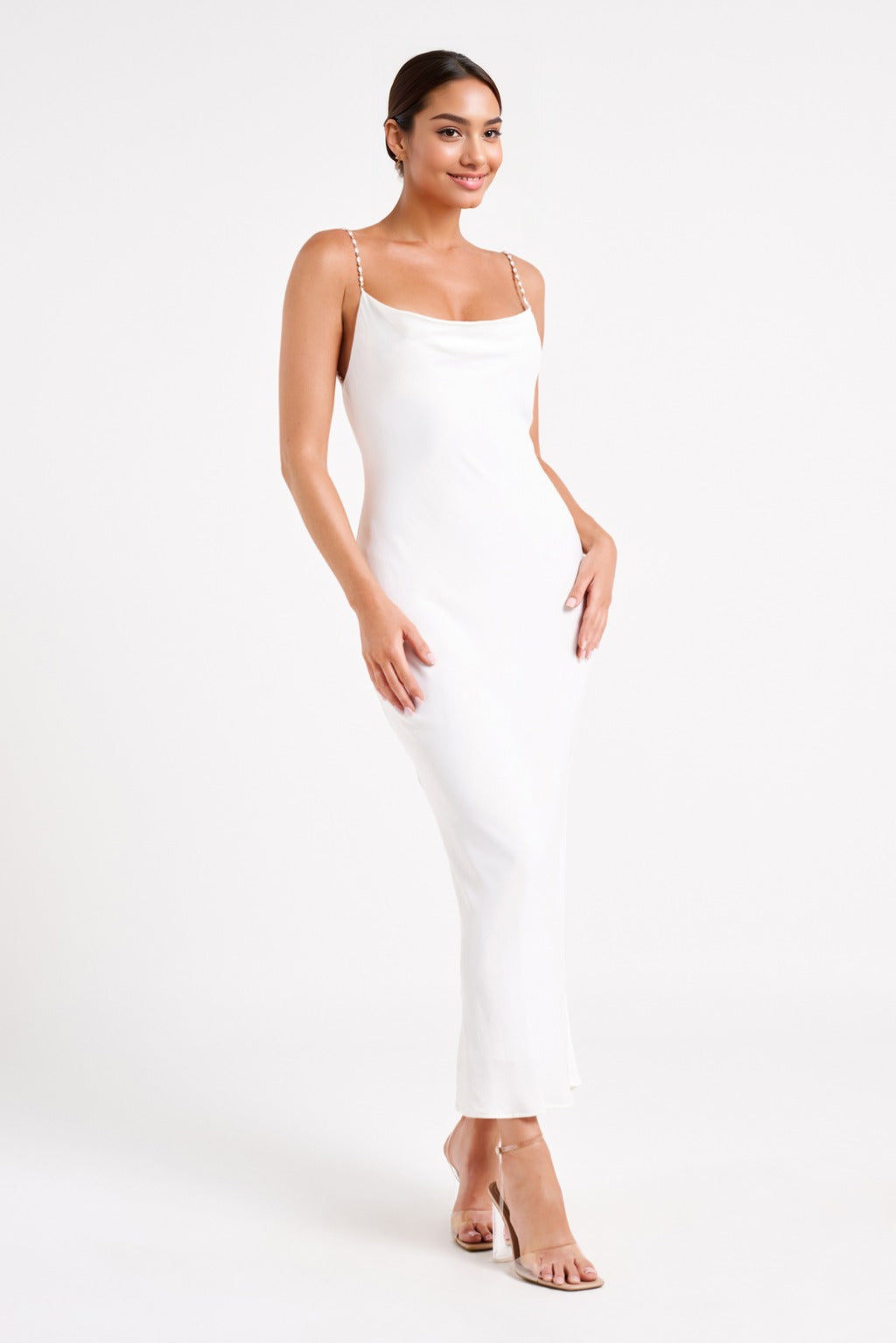 Adela Cowl Midi Dress With Pearl Trim - White