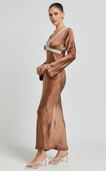 Carmela Midi Dress - Long Sleeve V Neck Lace Detail Dress in Chocolate