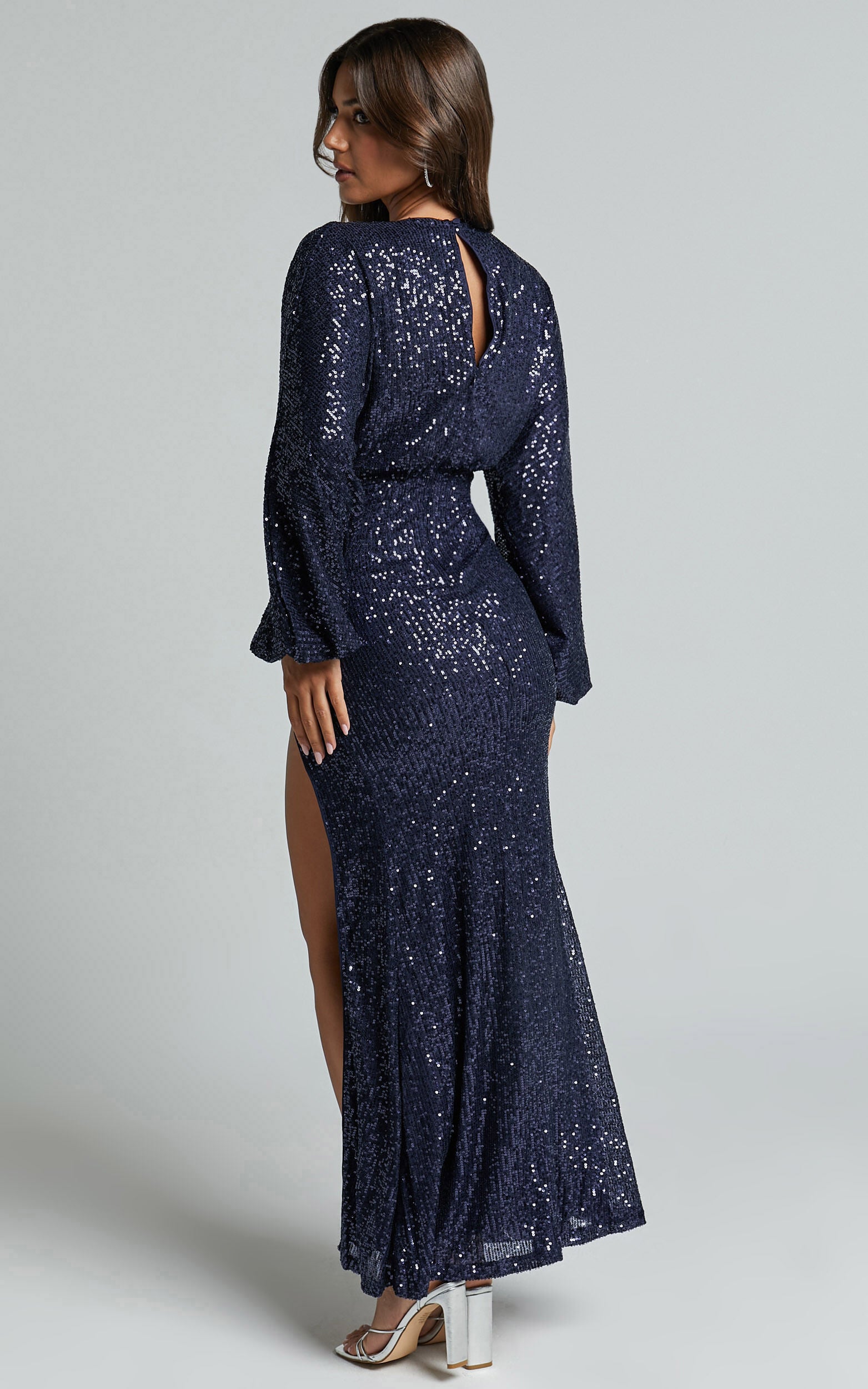 Arlington Midi Dress - Sequin Long Sleeve Dress in Midnight Navy