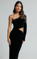 Gabbie Maxi Dress - Velvet One Shoulder Cut Out Dress in Black
