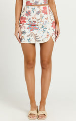 Kelsie Mini Skirt - Linen Mid Waist Side Split Skirt in Summer Chintz