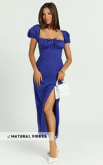 Robin Midi Linen Dress - Puff Sleeve High Split Dress in Navy