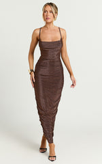 Roma Midi Dress - Ruched Cowl Neck Dress in Chocolate Lurex