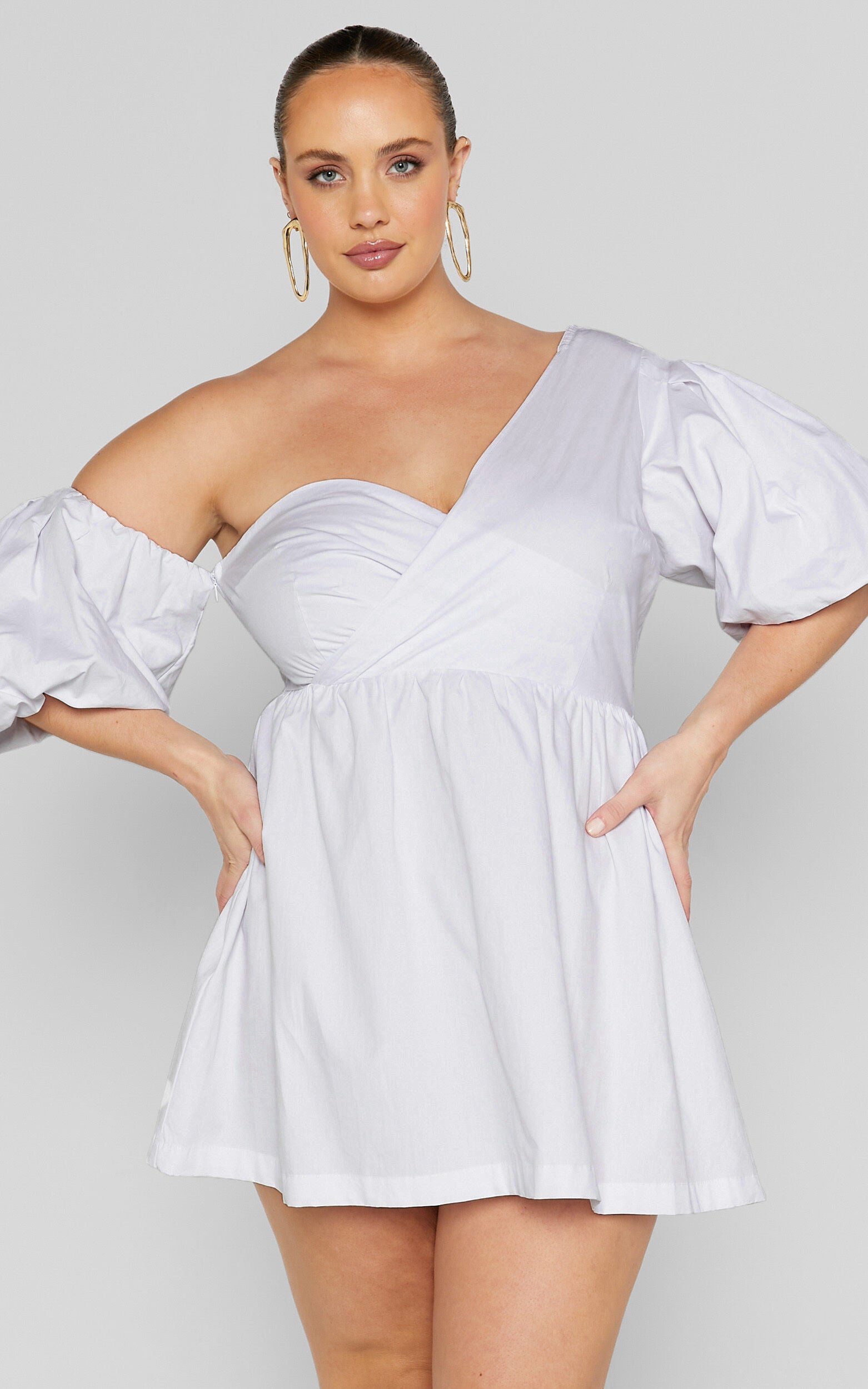 Sula Mini Dress - Asymmetric Off One Shoulder Puff Sleeve Dress in White