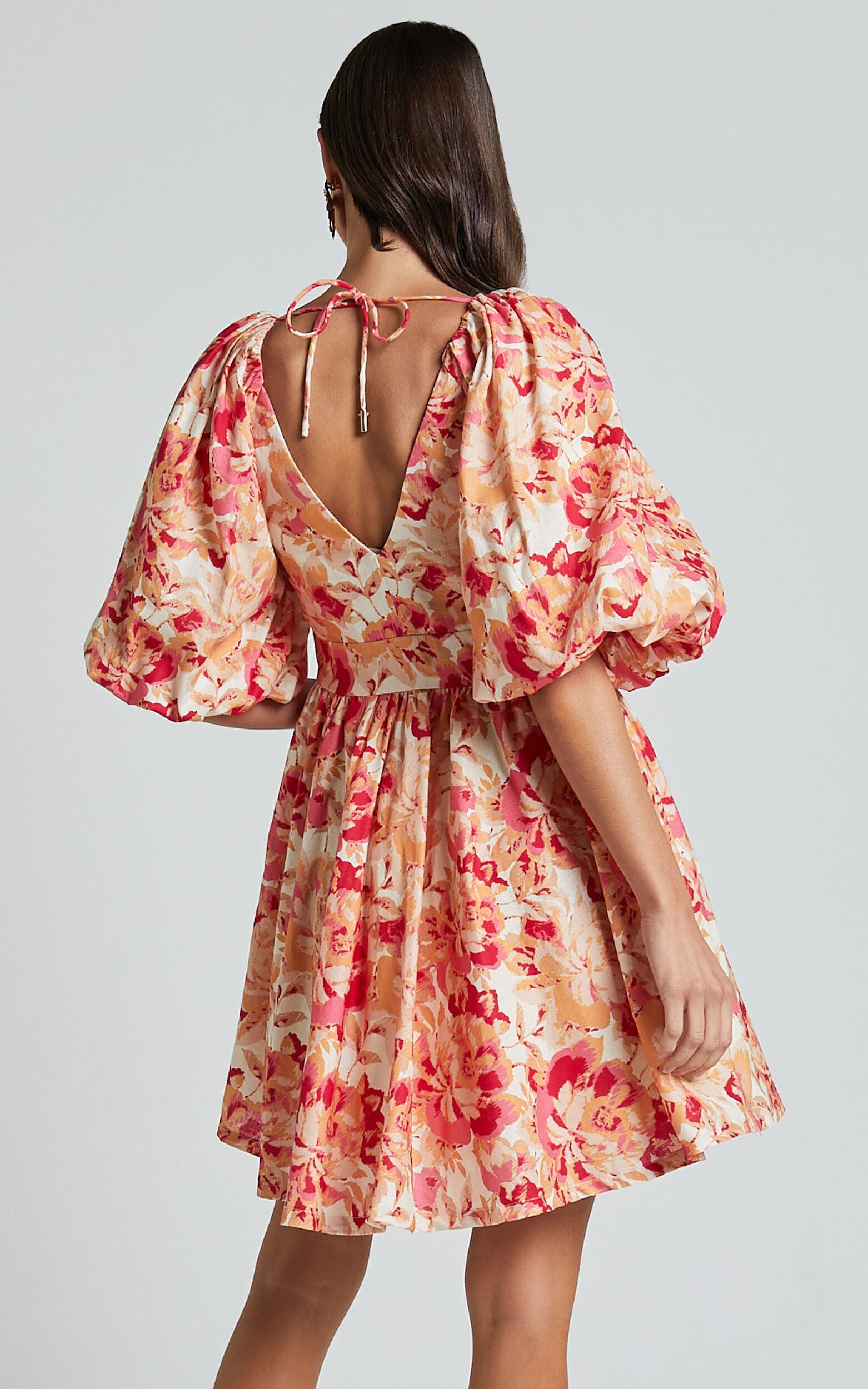 Amalie The Label - Penelopia Linen Look Blend Puff Sleeve Twist Bodice Mini Dress in Sienna Print