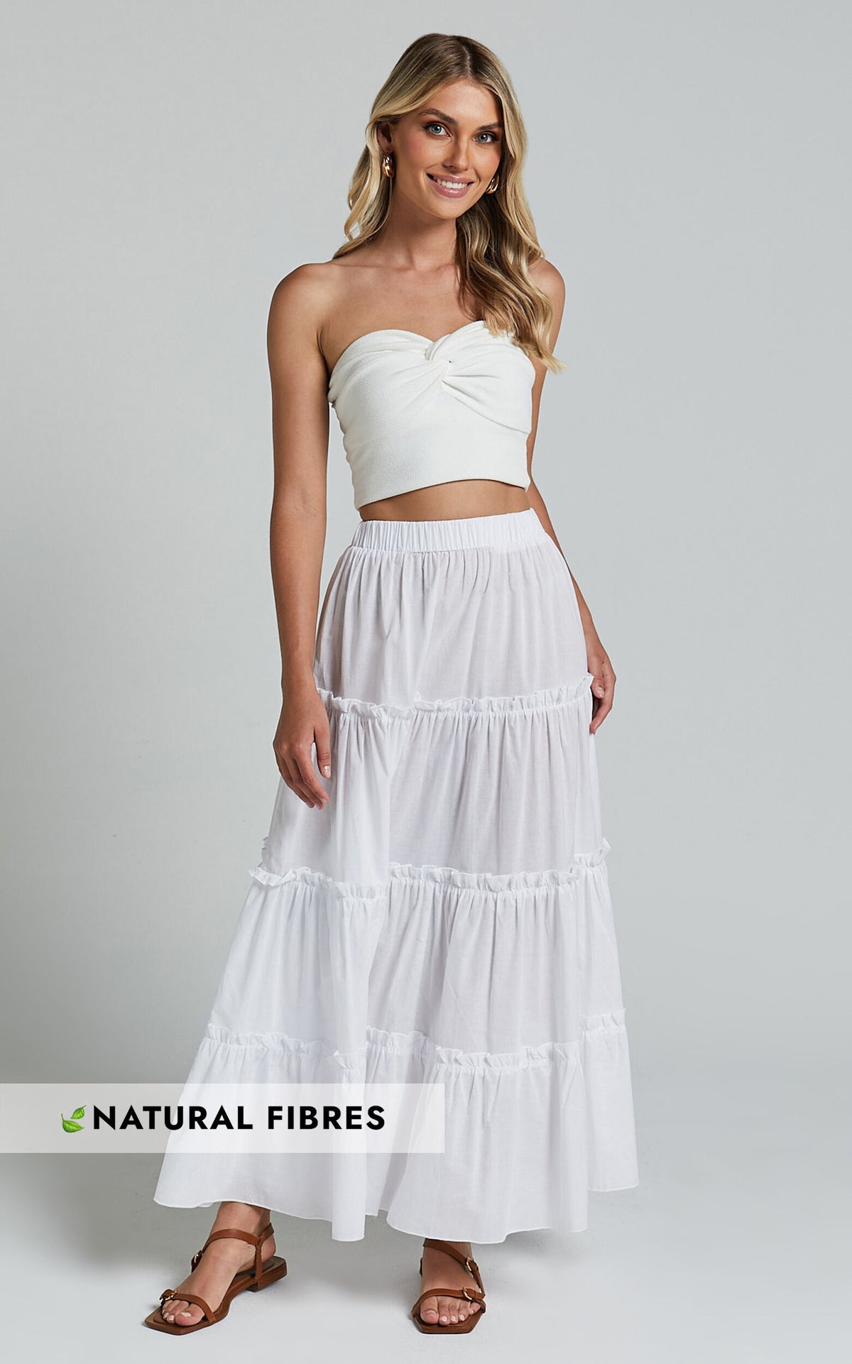 Aeonium Maxi Skirt - Cotton Elasticated Waist Tiered Skirt in Off White