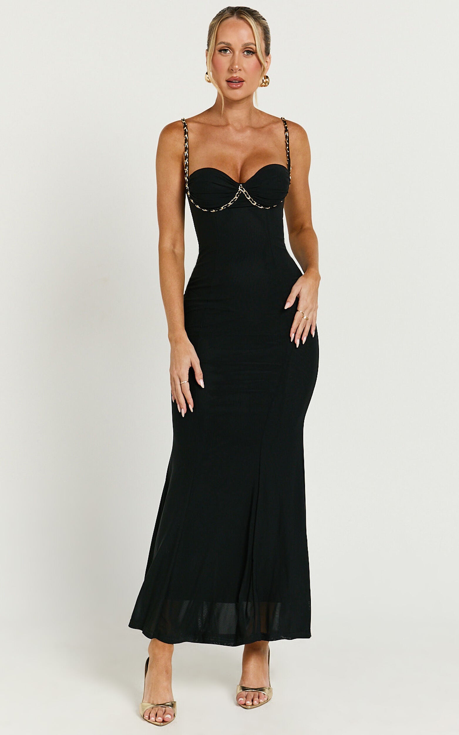 Chenna Midi Dress - Sweetheart Chain Detail Dress in Black