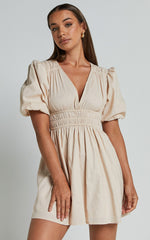 Francesca V Neck Puff Sleeves Mini Dress in Natural