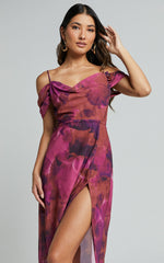 Keira Midi Dress - Draped Off the Shoulder Dress in Electric Cloud - Purple
