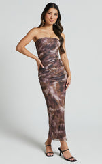 Yazmin Midi Dress - Strapless Ruched Mesh Slip Dress in Rustic Haze Print
