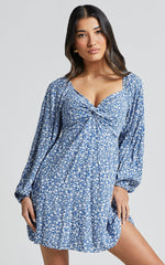 Ellison Mini Dress - 3/4 Sleeve Twist Bodice Dress in Blue Floral
