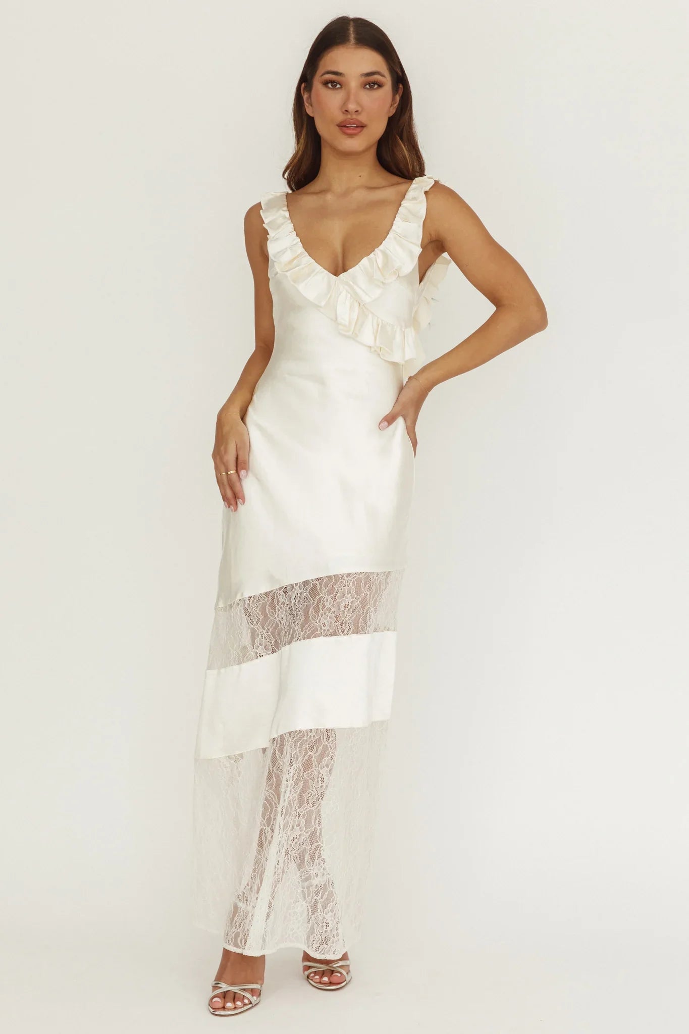 Alba Frill & Lace Trim Maxi Dress Oyster