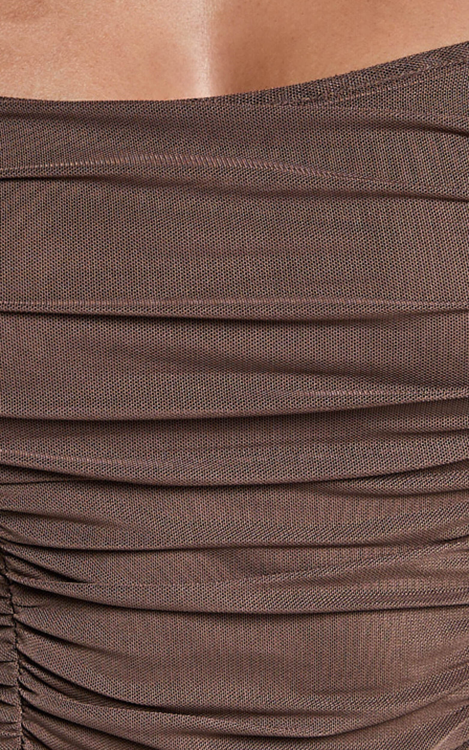 Casen Bodysuit - Long Sleeve Ruched Mesh Bodysuit in Chocolate