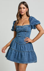 Gia Mini Dress - Short Puff Sleeve Tiered Denim Dress in Dark Blue Wash