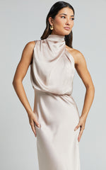Minnie Midi Dress - Drape Neck Satin Slip Dress in Champagne