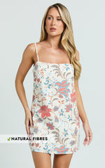 Carlina Mini Linen Dress - Linen Strapped Shift Dress in Summer Chintz