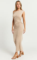 Stefanie Midi Dress - Off The Shoulder Bodycon Knit Midi Dress in Beige