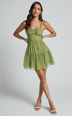 Alva Mini Dress - Sleeveless Ruched Bust Tiered Dress in Sage
