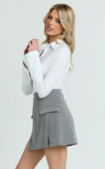 Lois Mini Skirt - Pocket Split Workwear Skirt in Grey