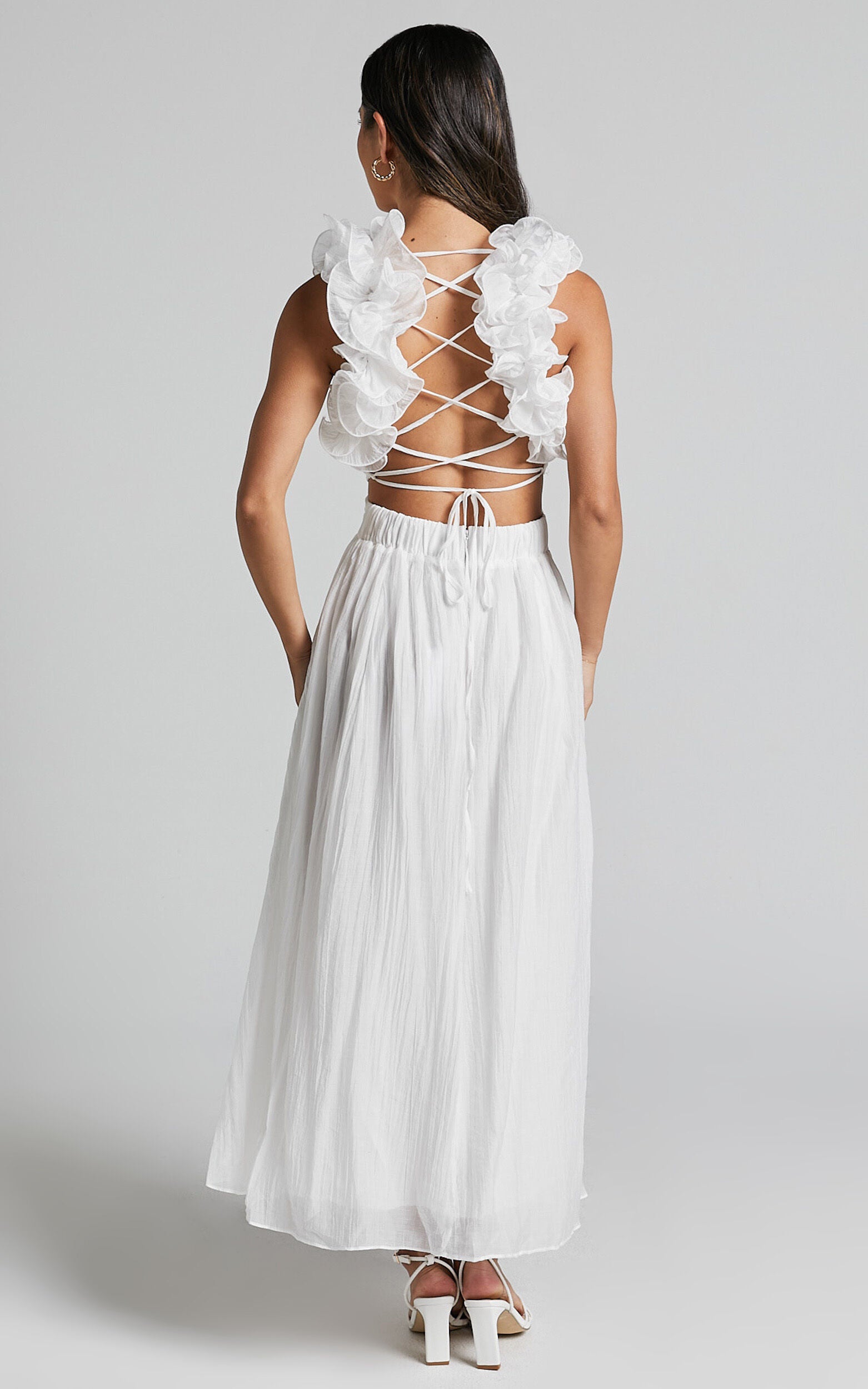 Marielly Midi Dress - Side Cut Out V Neck Ruffle Detail Sleeve Dress in White