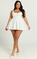 Keegan Mini Dress - Ruched Bust Front Tie Gathered Skirt Dress in White