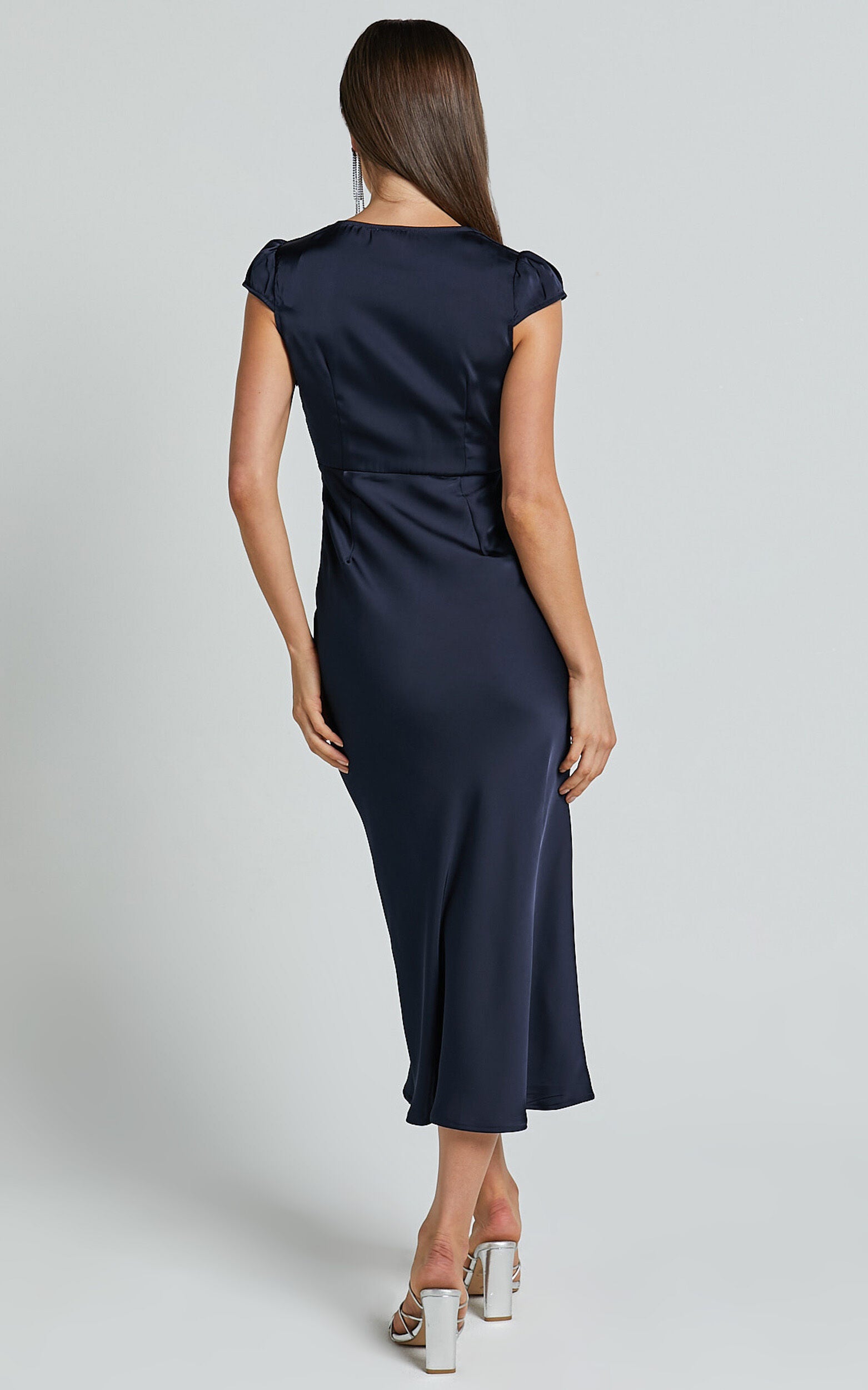 Marleen Midi Dress - Wrap Front Cap Sleeve Satin Bias Cut Dress in Midnight Blue