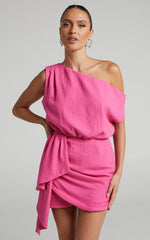 Niana Mini Dress - Drape One Shoulder Dress in Pink