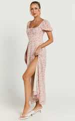 Rhylene Midi Dress - Puff Sleeve Tie Front Detail Midi Dress in Rosy Floral