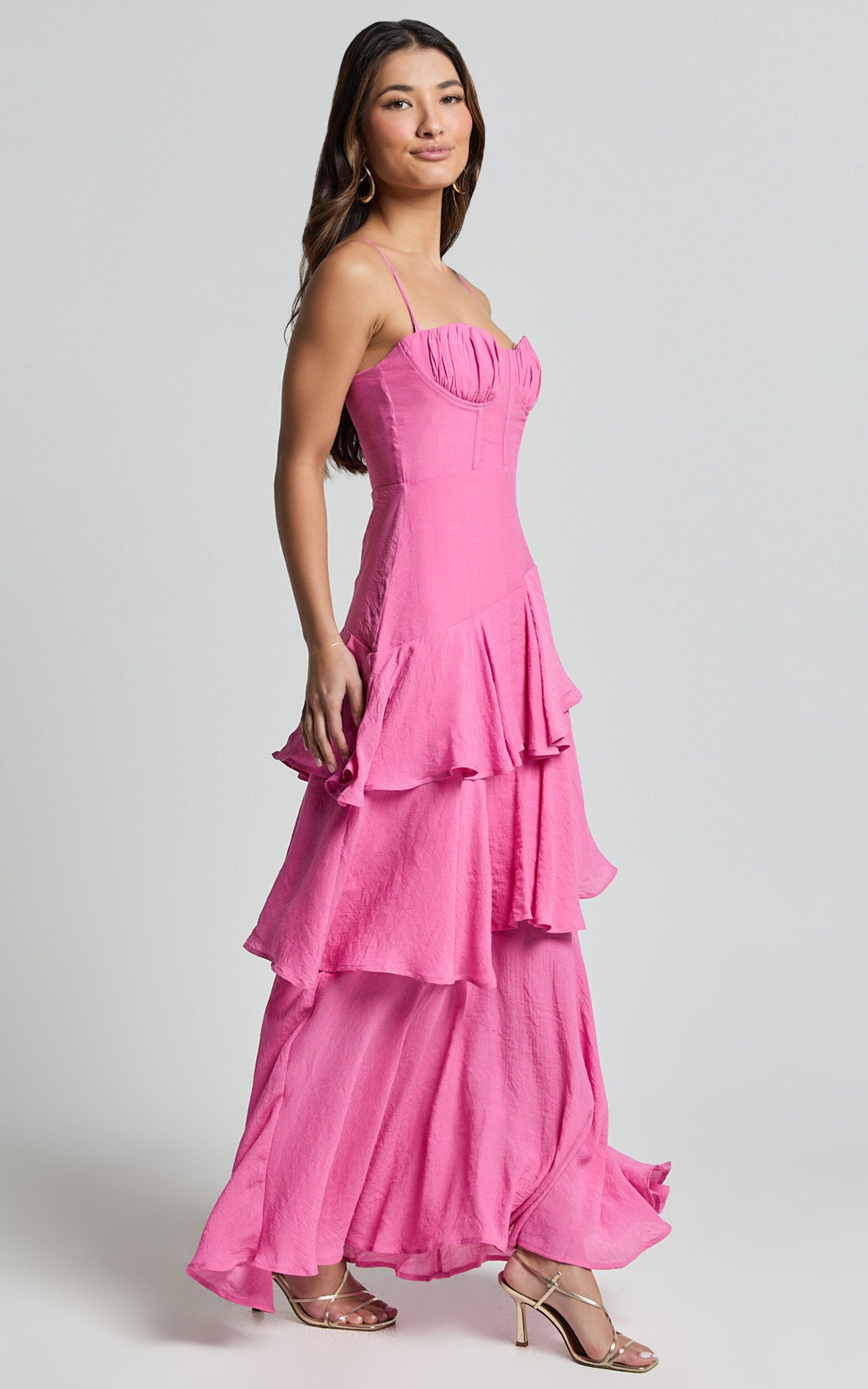Diana Midi Dress - Sweetheart Ruched Bust Layered Dress in Hot Pink