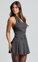Camille Mini Dress - Halter Neck Vest and Pleated Skirt Mini Dress in Charcoal Pinstripe