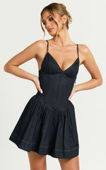 Betchie Mini Dress - V - Neck Strappy Drop Waist Gathered Skirt Denim Dress in Dark Raw Denim
