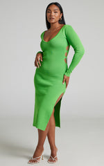 Clymene Midi Dress - Side Cut Out Knit Dress in Lime