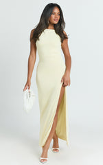 Audette Maxi Dress - Boat Neck Ruched Fitted Dress in Lemon