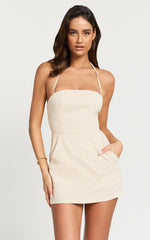 Parker Playsuit - Halter Tie Neck Linen Skort Playsuit in Oatmeal