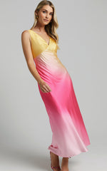 Erika Midi Dress - V Neck Satin Slip Dress in SUNSET OMBRE