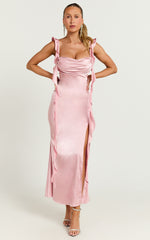 Tony Midi Dress - Frill Front Cowl Neck Dress in Pale Pink