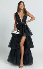 Jemma Maxi Dress - Tiered Tulle Plunge Cross Back Dress in Black