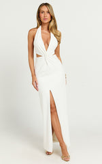 Rose Maxi Dress - Plunge Halter Front Split Dress in White