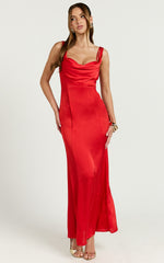 Grace Maxi Dress - Cowl Neck Satin Slip Dress in Coral Red