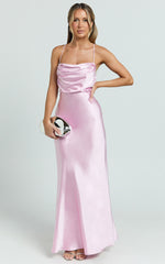 Hanna Maxi Dress - Satin Cowl Neck Low Back Dress in Pink