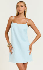 Mavie Mini Linen Dress - Linen Strappy Shift Dress in Soft Blue