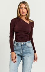 Genie Bodysuit - Long Sleeve Asymmetric Neckline Bodysuit in Chocolate