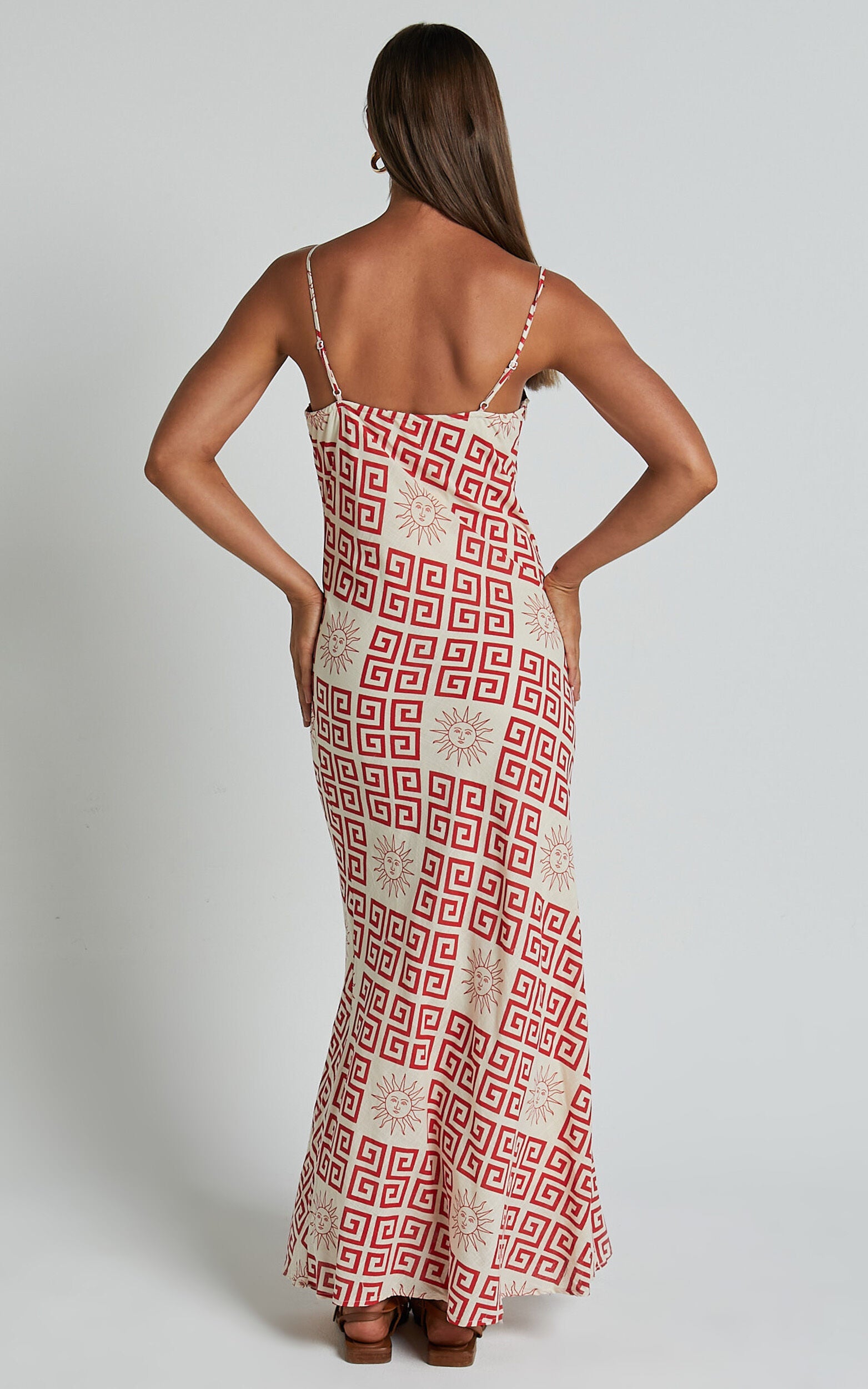 Zinnia Midi Linen Dress - Strappy Linen Slip Dress in Beige/Red Greek Sun Print