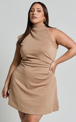 Rubie Mini Dress - High Neck Asymmetrical One Shoulder Dress in Mocha